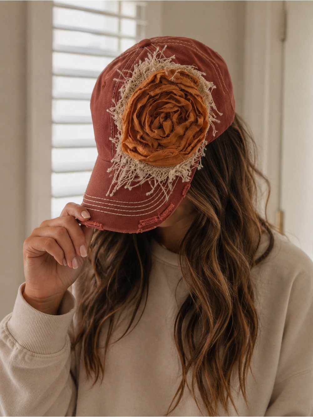 New KBETHOS Distressed Rose Applique Cap - Rust Decorated by Blueberry Kate